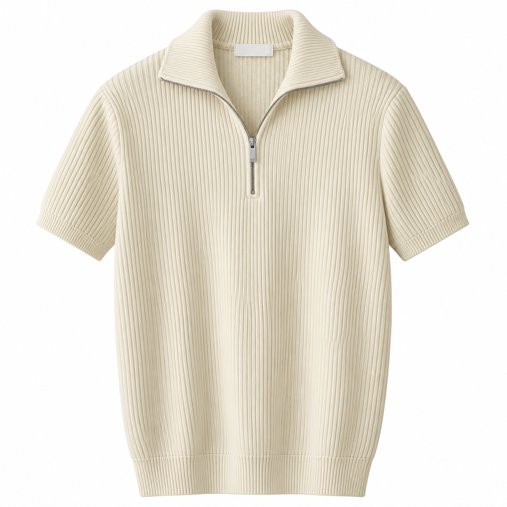 Quarter-Zip Ribbed Knit Polo Shirt